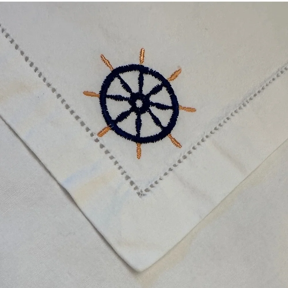 Williams Sonoma Nautical Hemstitch‎ Cotton Napkins Cocktail Bar Set of 2, READ